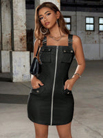 Women's Black Cargo Mini Dress Zip Front Sleeveless Bodycon Utility Dress