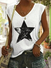 Women's White V-Neck Star Graphic Short-Sleeve T-Shirt/Vest - Casual Fashion Daily & Streetwear Top