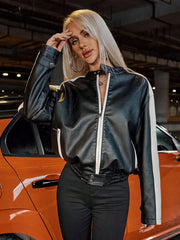 Women's Black & White Striped Faux Leather Jacket - Edgy Glamorous Streetwear & Night-Out Outerwear
