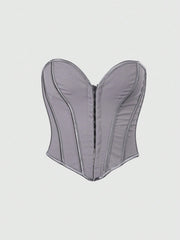 Women's Sleek Gray Boned Corset Top with Hook and Eye Closure
