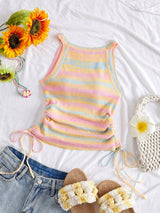 Women's Multi-Color Striped Knit Sleeveless Tank Top with Side Drawstring