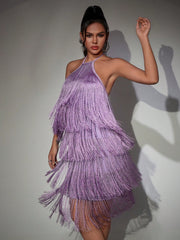 Women's Sexy Purple Fringe Halter Mini Dress with Multi-Tiered Tassels