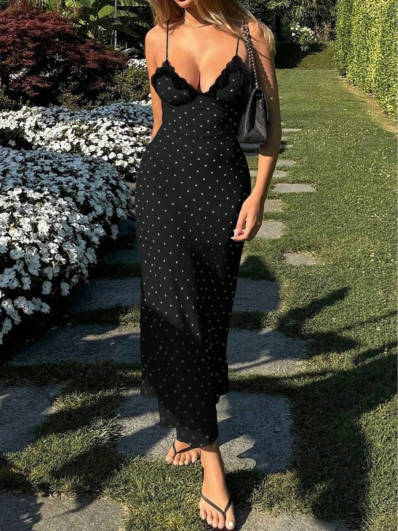 Women's Black Polka Dot Slip Maxi Dress with Lace Neckline