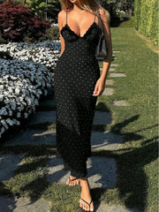 Women's Black Polka Dot Slip Maxi Dress with Lace Neckline