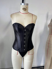 Women's Black Lace-Up PU Leather Corset Bustier Top