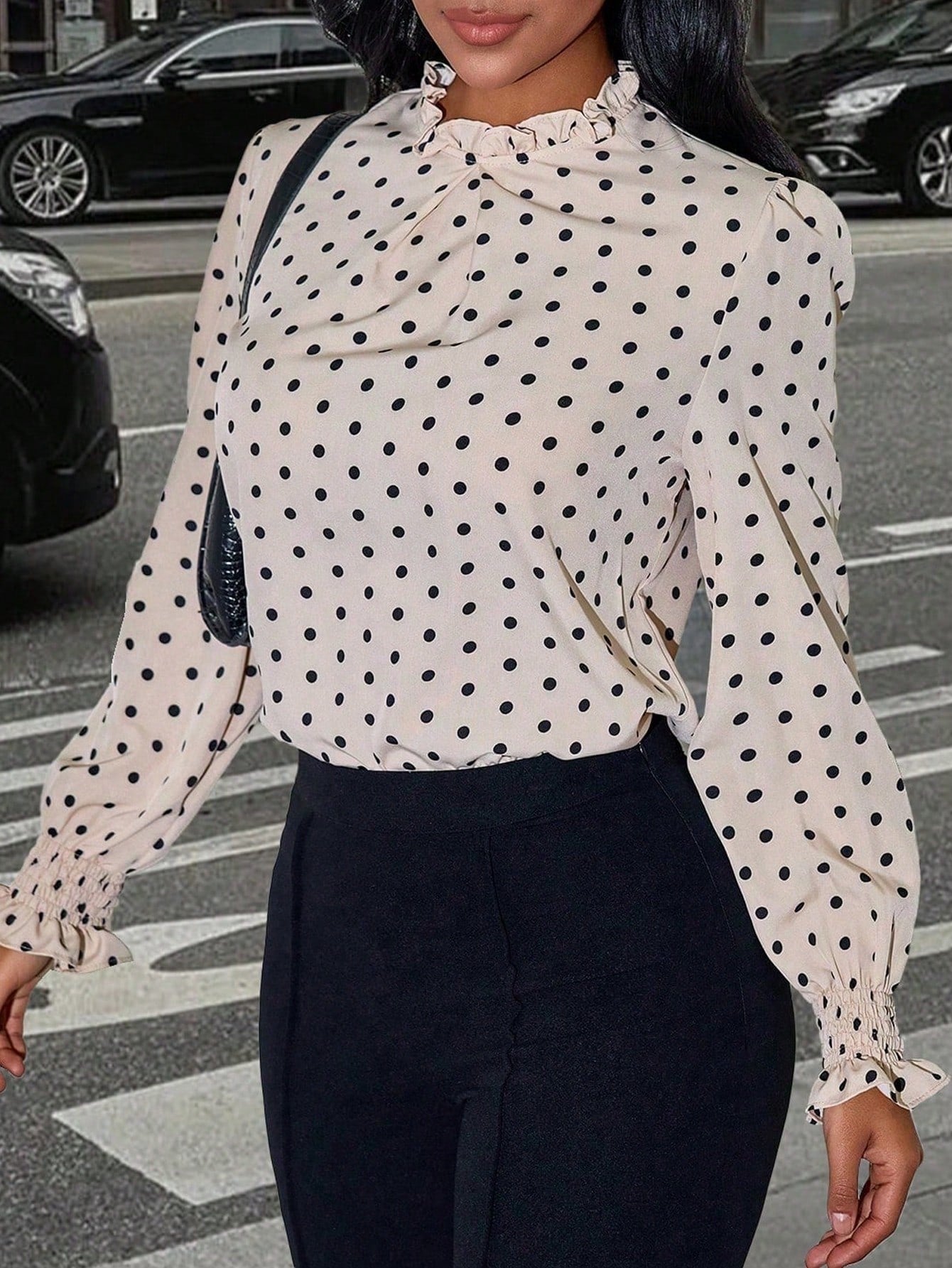 Women's Women Elegant Apricot Polka Dot Blouse High Neck Long Puff Sleeve Top
