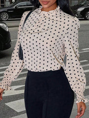 Women's Women Elegant Apricot Polka Dot Blouse High Neck Long Puff Sleeve Top