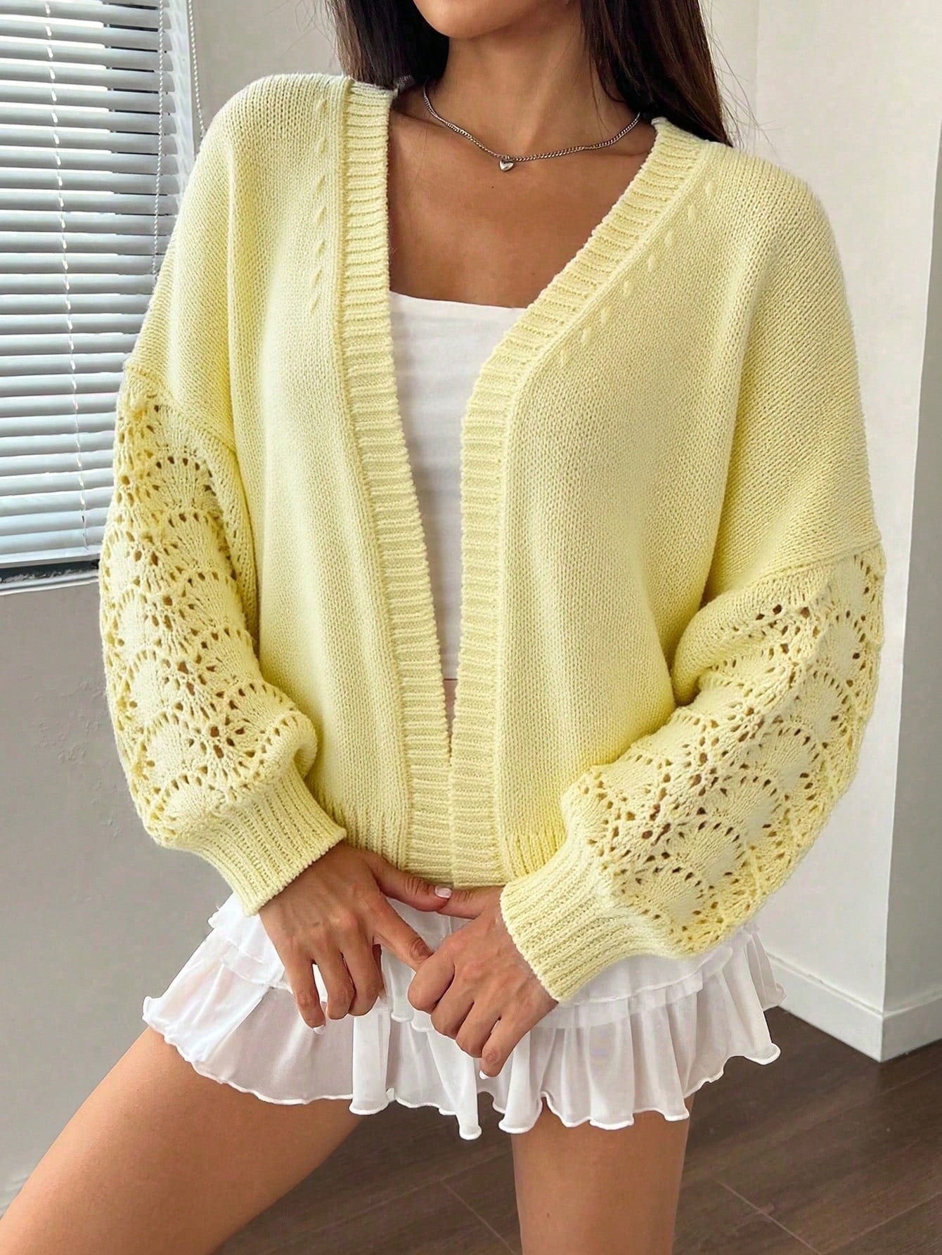 Women's Bright Yellow Open Front Knit Cardigan with Crochet Sleeve Detail