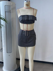 Women's Dark Gray Polyester Co-ord set with crop top