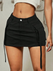 Women's Charcoal Black Denim Mini Skirt with Cargo Pockets Y2K Jean Skirts
