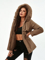 Women's Coffee Brown Faux Fur Hooded Parka Jacket Winter Warm Coat