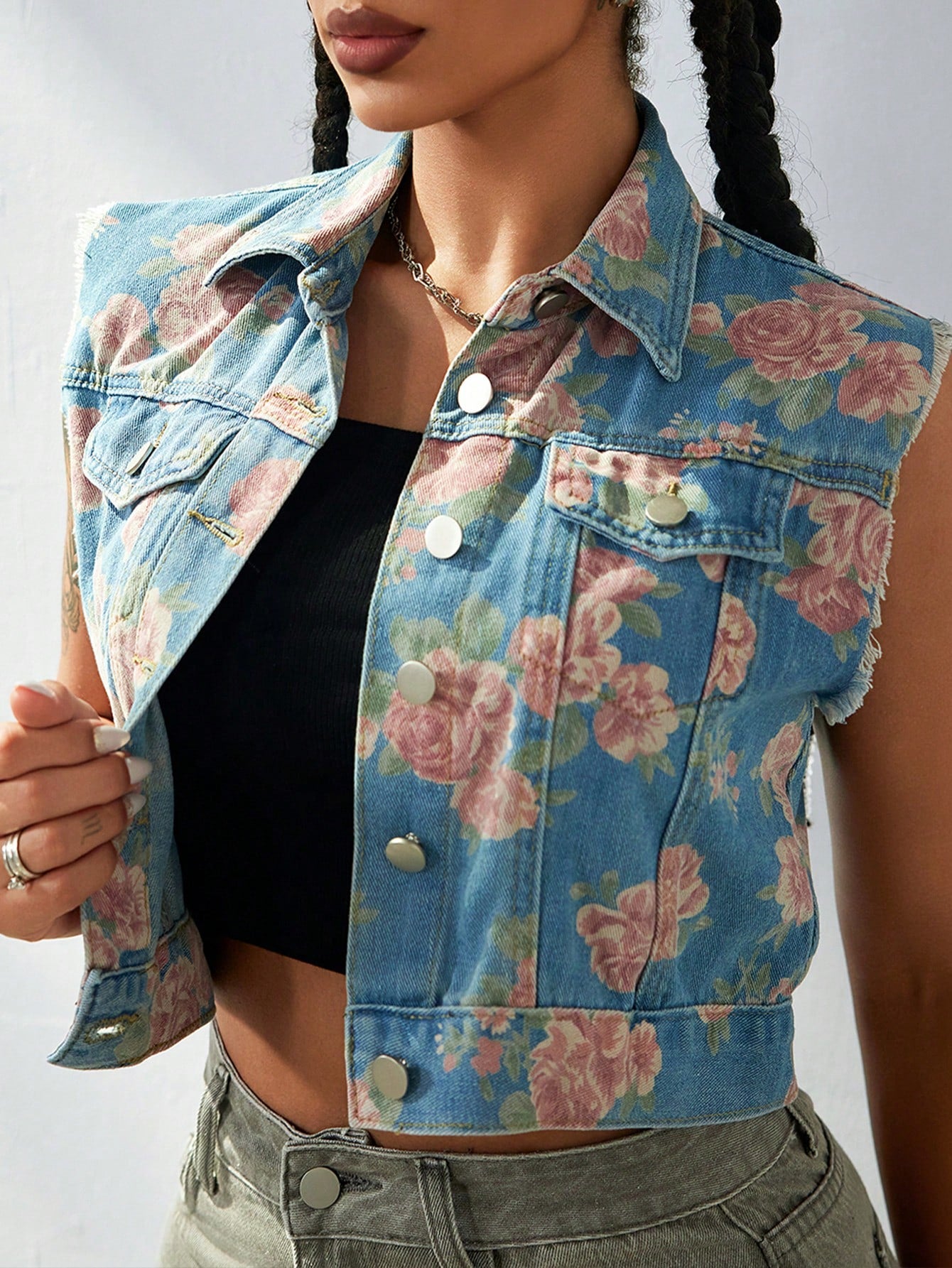 Women's Blue Floral Print Cotton Denim Sleeveless Cropped Jacket Vest