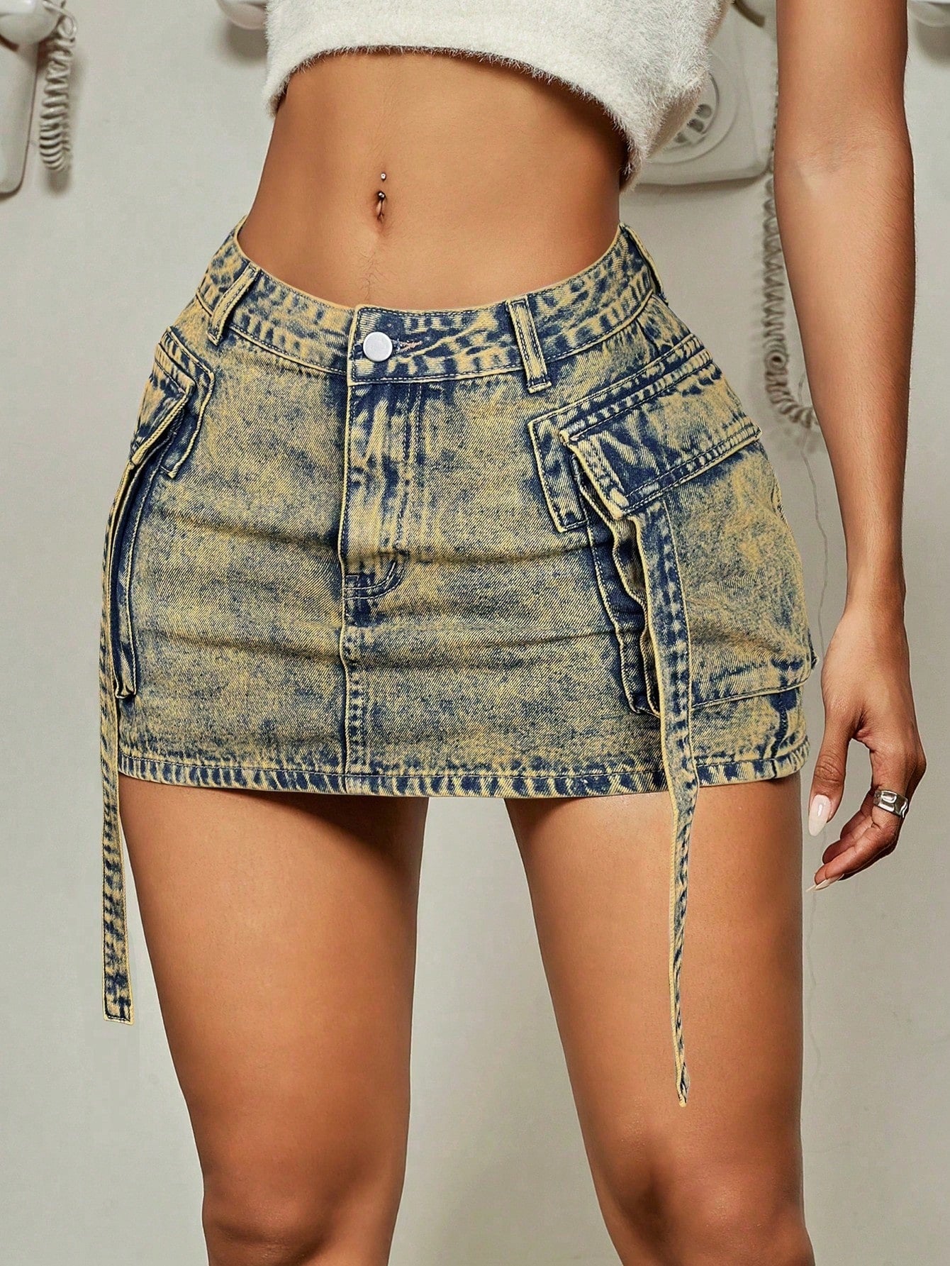 Women's Apperloth Millennium Yellow Denim Mini Skirt Sexy Cargo Style Short Skirt