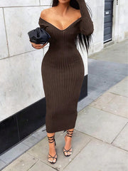 Women's Brown Ribbed Knit Midi bodycon dress with sleeveless