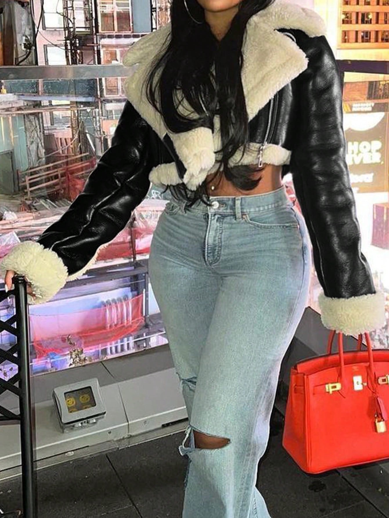 Women's Black Faux Leather Coat with Shearling Collar, Trendy Cropped Puffer Coat for Winter