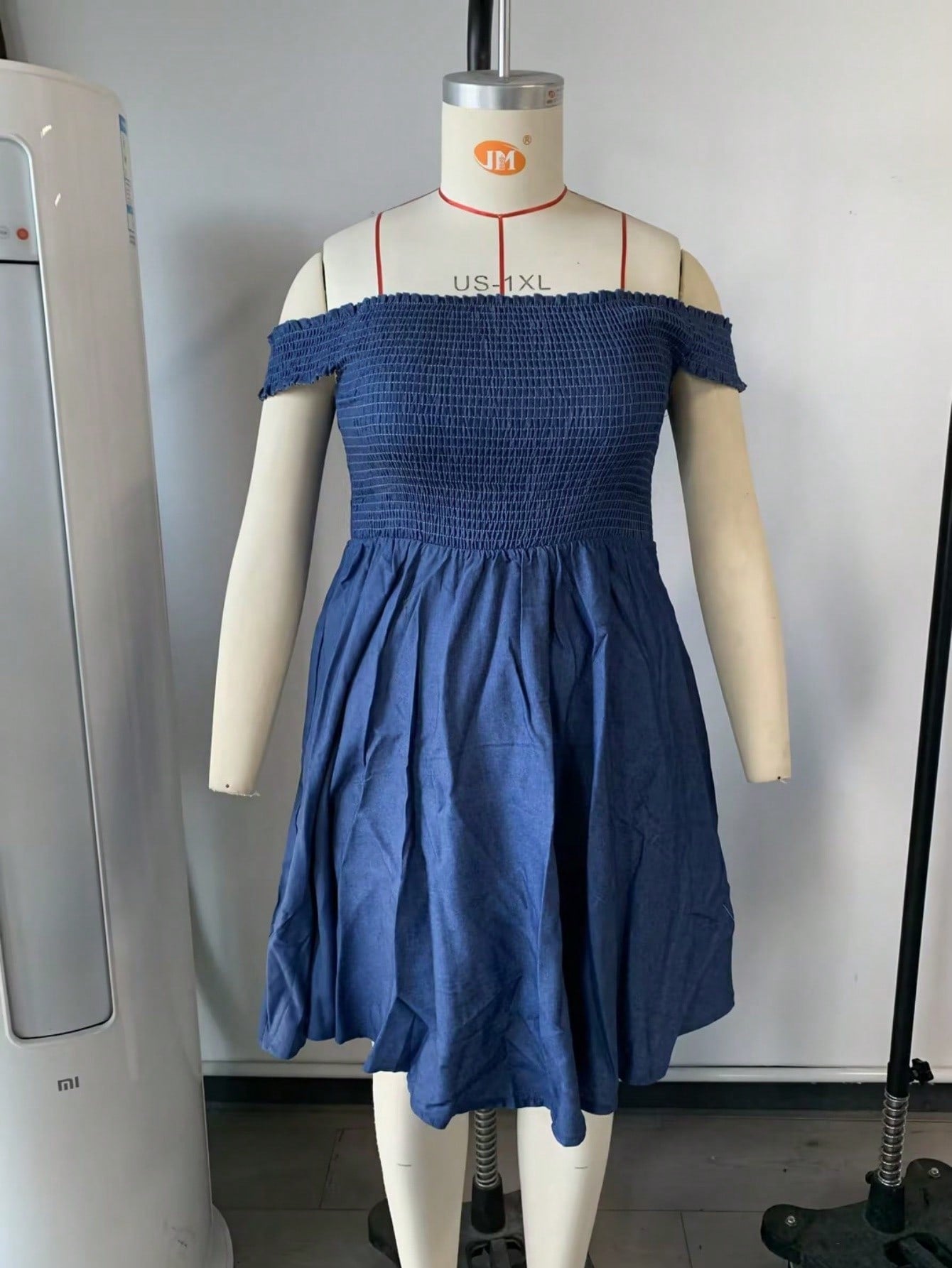 Women's Blue Viscose Blend Off-the-Shoulder Smocked Mini Dress