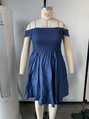 Women's Blue Viscose Blend Off-the-Shoulder Smocked Mini Dress