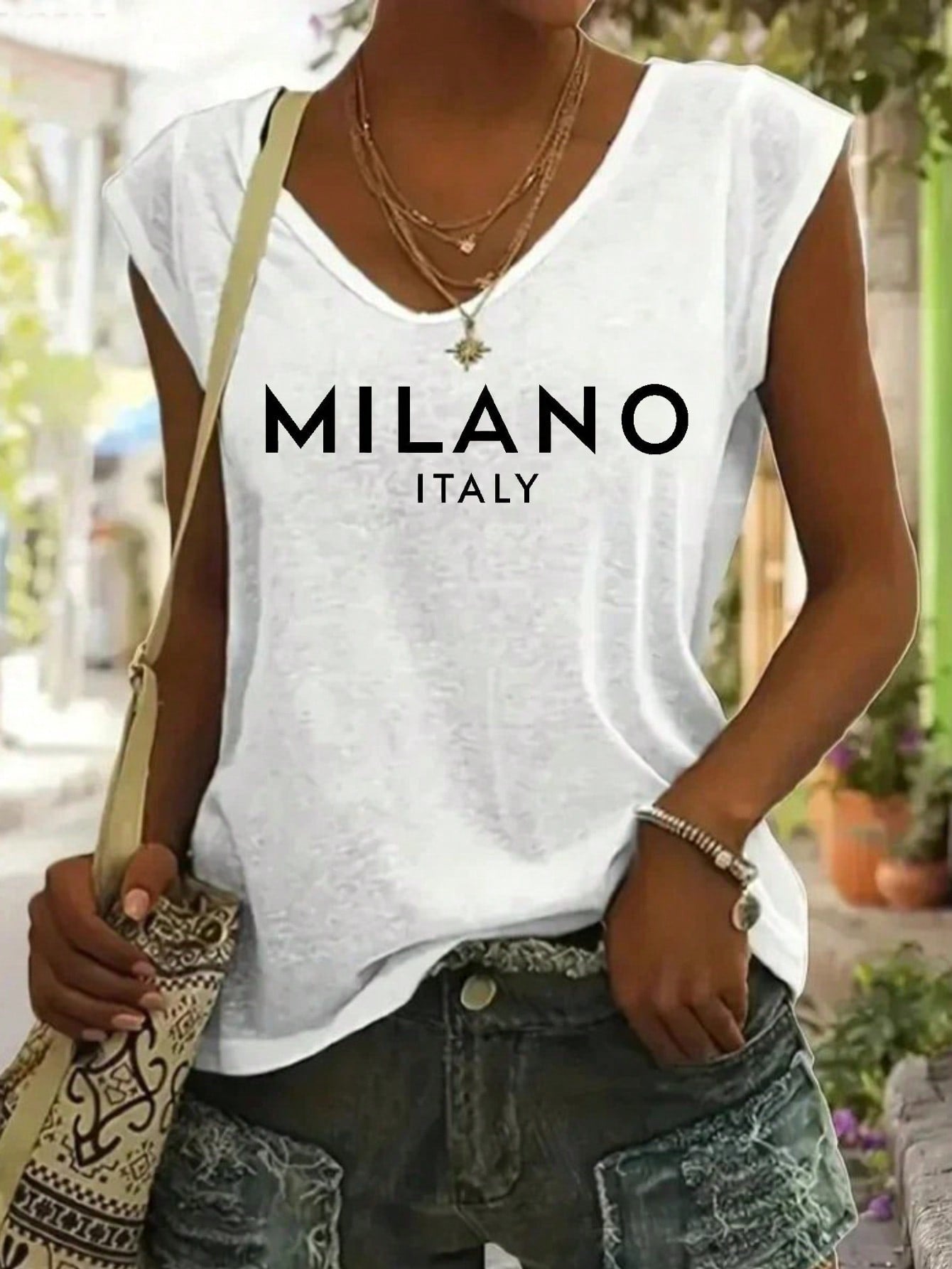 Women's White MILANO ESTATE Graphic Tank Top - Sleeveless Casual Vacation Tee