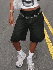Women's Black Frayed Raw Hem Denim Jorts Bermuda Shorts