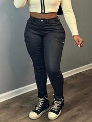 Women's Black Cotton Blend Relaxed Fit Jogger Cargo Pants with Ribbed Cuffs