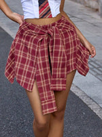 Women's Maroon Plaid Tie-Front Mini Skort with Flannel Overlay