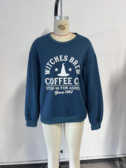 Vintage Letter Printed Blue Sweatshirt, Retro Casual Crew Neck Loose-Fit Long-Sleeve Top for Women