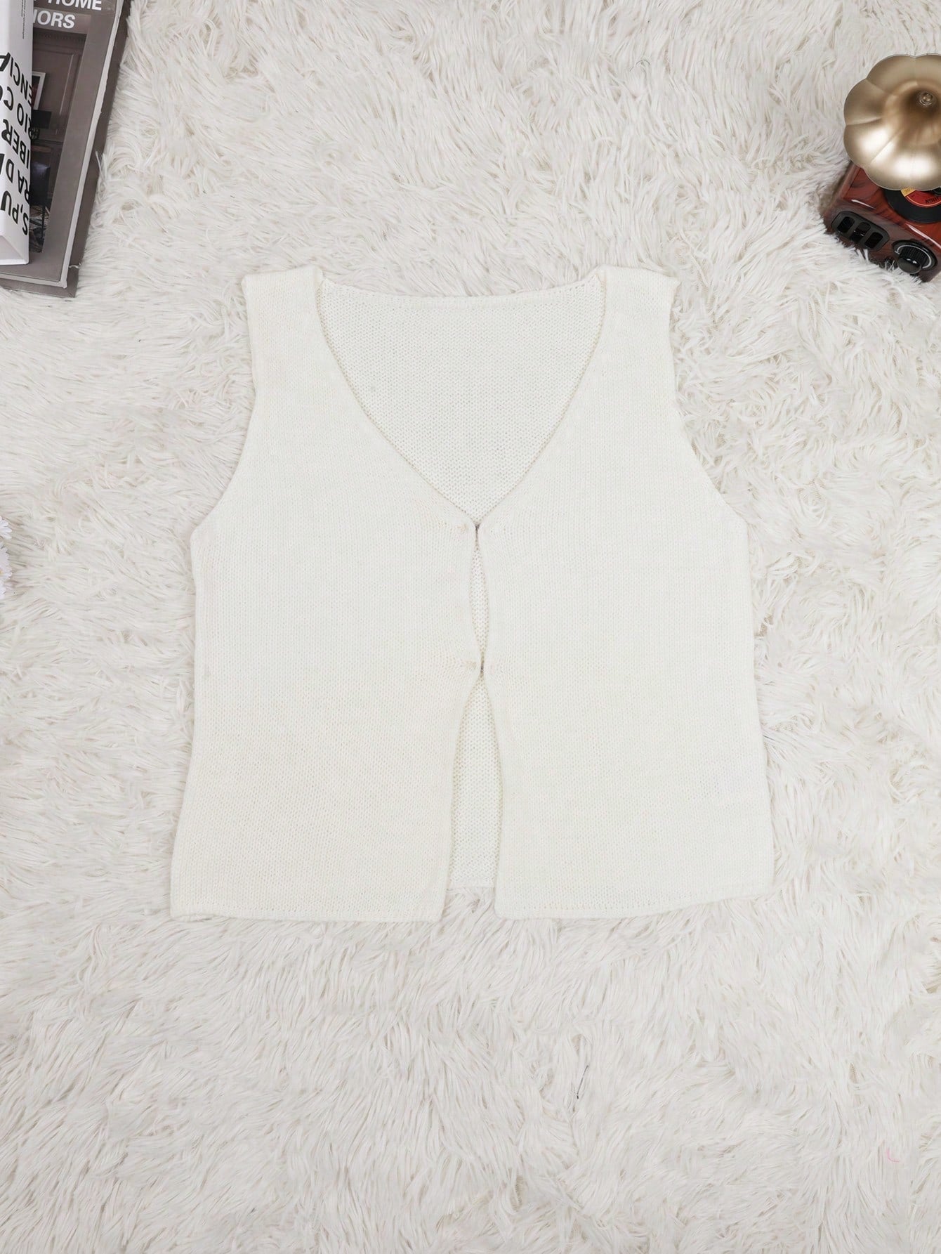 Women's White Acrylic V-Neck Sleeveless Open Front Knit Vest