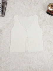 Women's White Acrylic V-Neck Sleeveless Open Front Knit Vest