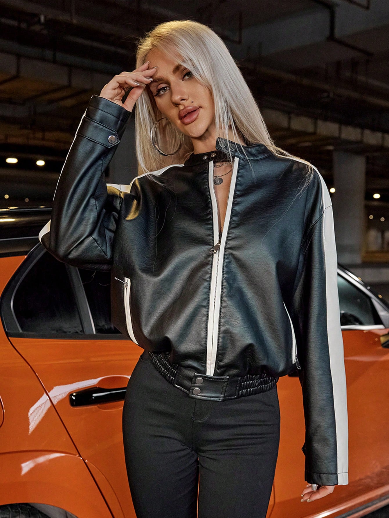 Women's Contrast Trim Faux Leather Bomber Jacket