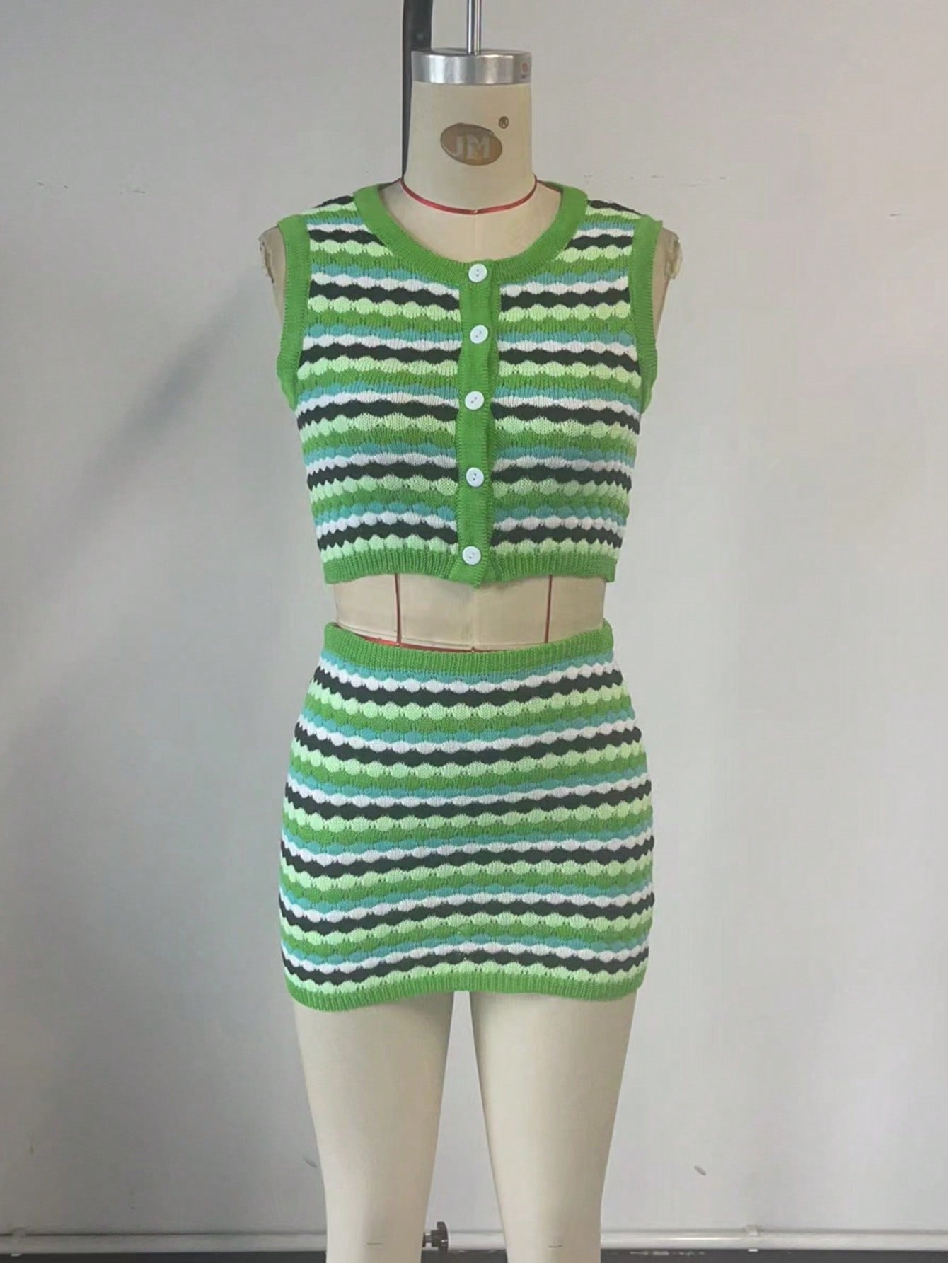 Women's Green Knit Two-piece knit set with striped pattern