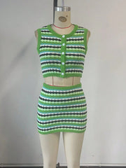 Women's Green Knit Two-piece knit set with striped pattern
