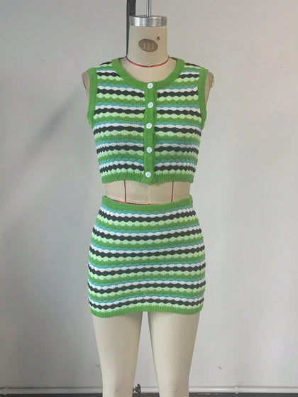Women's Green Knit Two-piece knit set with striped pattern