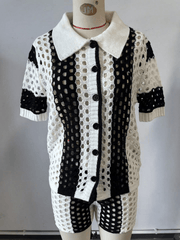 Women's Black White Knit Two-Piece Set with Crop Top and Mini Skirt