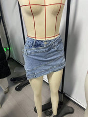 Women's Light Blue Asymmetric Wrap Denim Mini Skirt