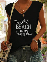 Women's Black The Beach Is My Happy Place Graphic Tank Top - Sleeveless Casual Cotton Tee