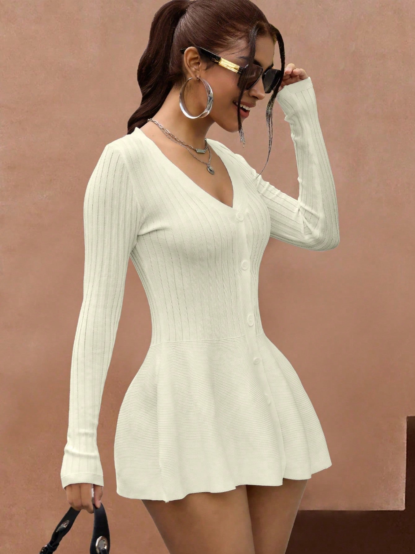 Women's Apricot Ribbed Knit Midi bodycon dress with sleeveless