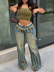 Women's Vintage Blue Wide Leg Jeans with Contrast Stitching Detail