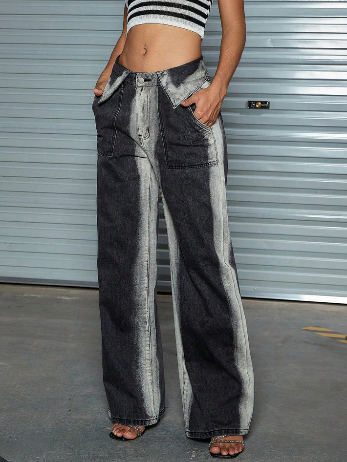 Women's Stylish Contrast Panel Wide Leg Jeans