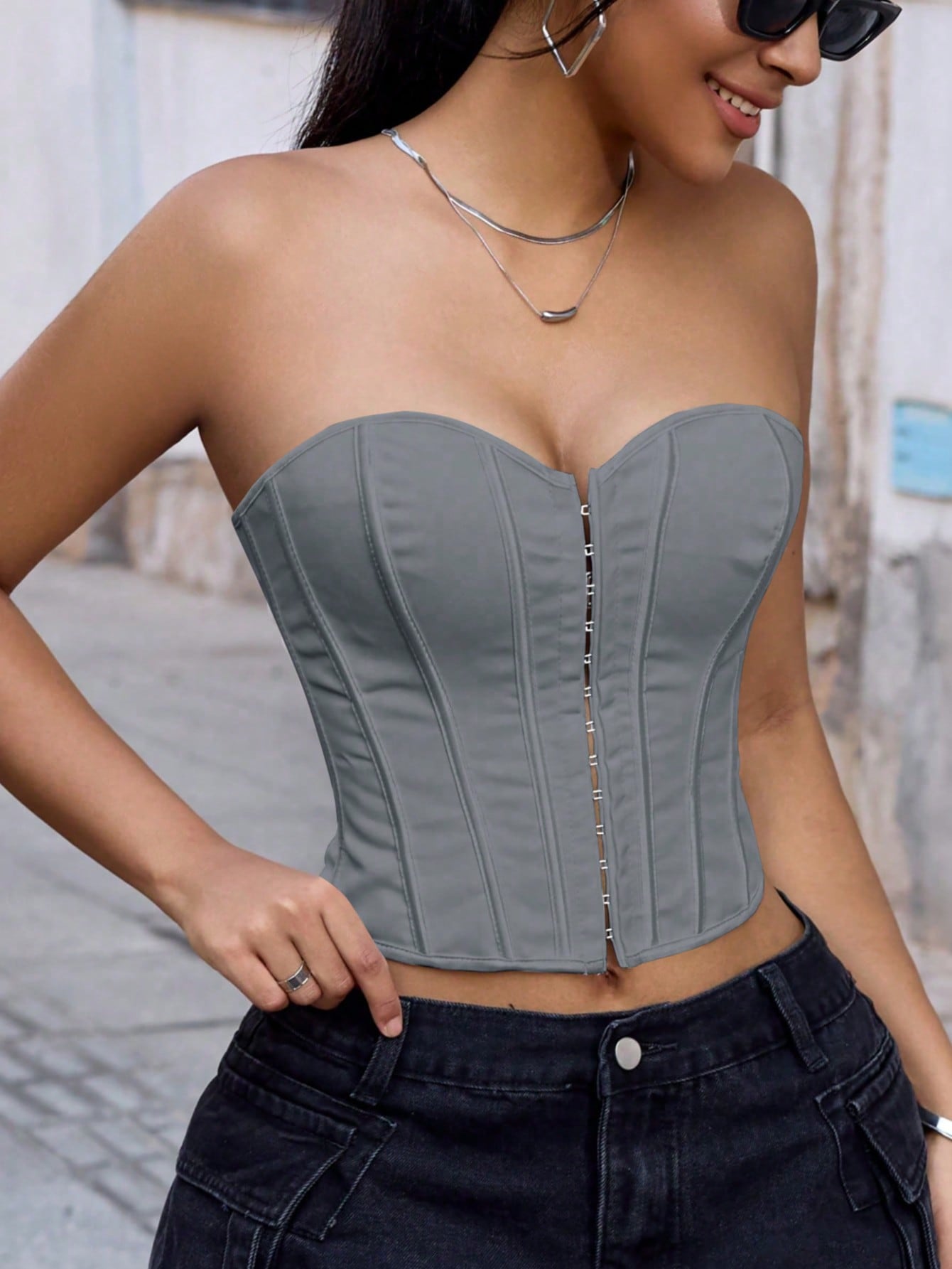 Women's Grey Check Plaid Strapless Corset Bustier