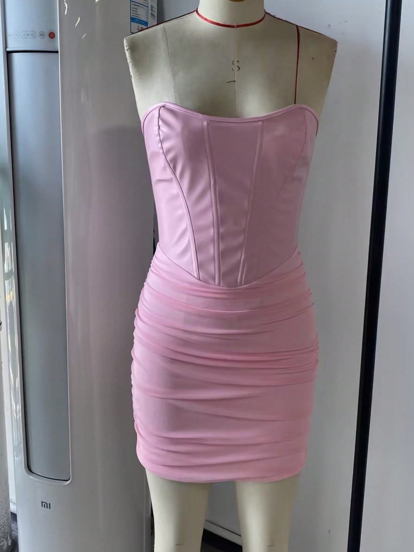 Women's Apperloth Pink PU Leather Ruched Bodycon Corset Mini Dress Sexy Party Wear