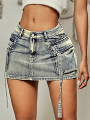 Women's High Waist Vintage Blue Denim Mini Skirt with Cargo Pockets Jean Skirts