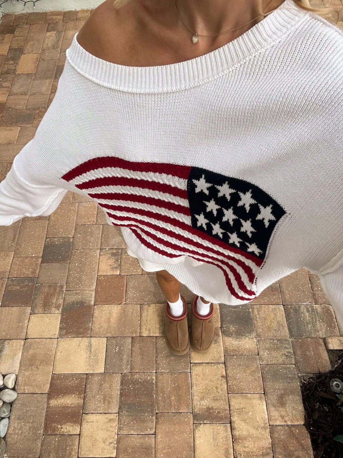 Women's White American Flag Knit Sweater Oversized Patriotic Pullover