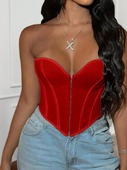 Women's Vibrant Red Boned Corset Top with Hook and Eye Closure