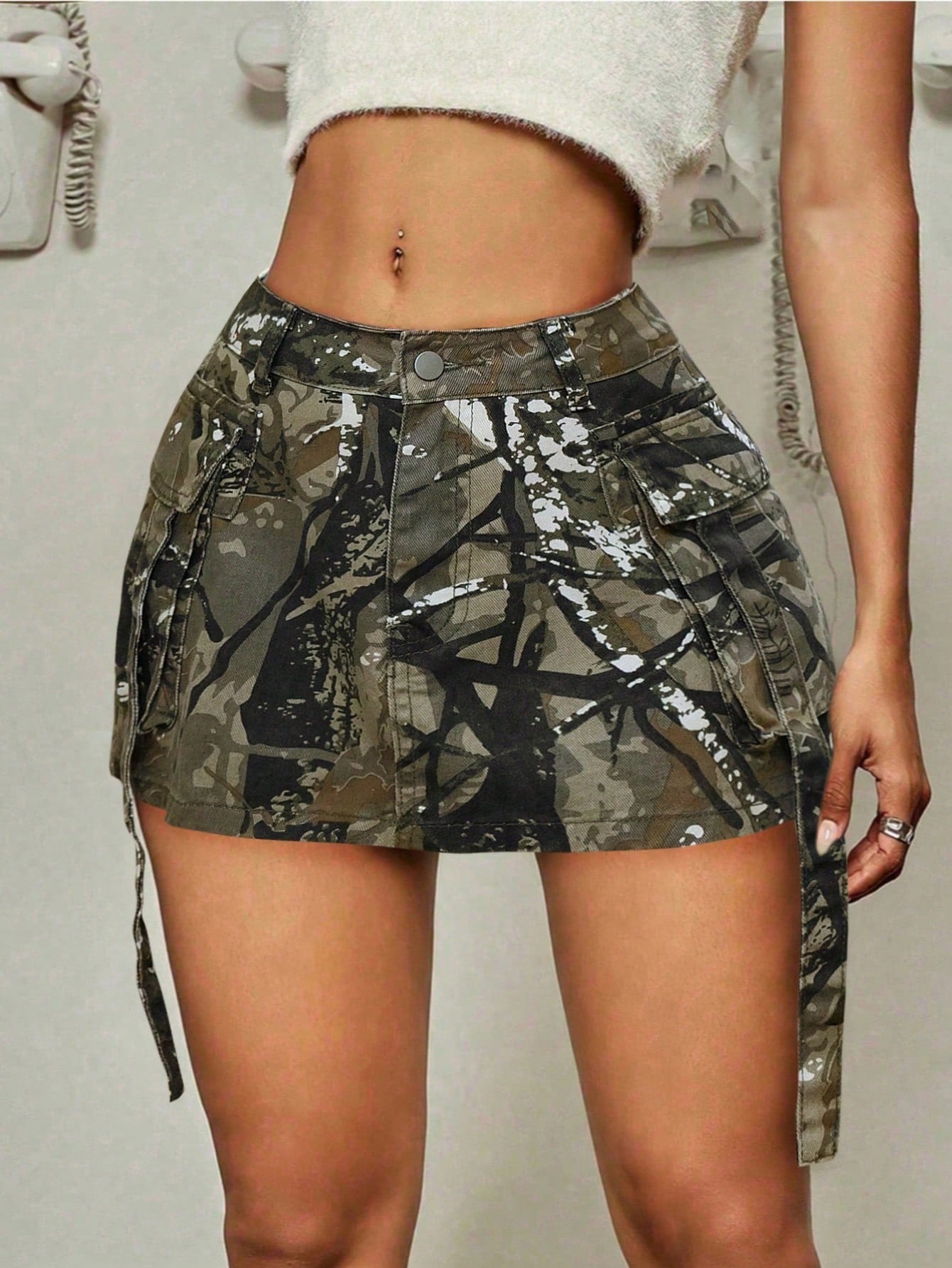 Women's Camo Branch Print Denim Mini Cargo Skirt with Tie Detail
