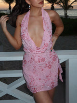 Women's Pink Floral Print Polyester Halter Neck Backless Sequin Mini Dress