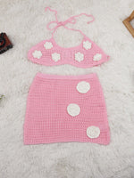 Women's Light Pink Crochet Knit Two-Piece Set with White Flower Appliqu¨¦s