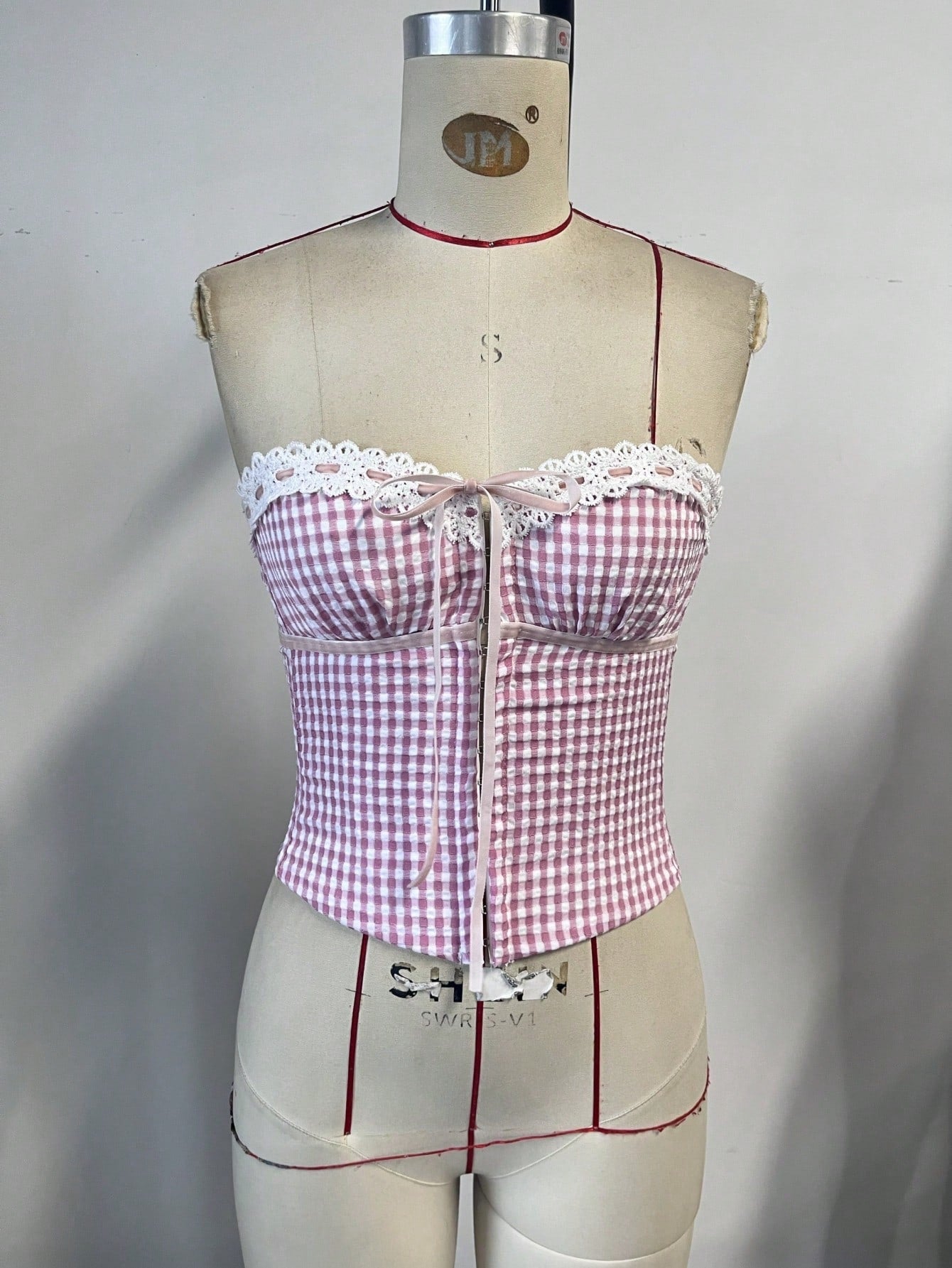Women's Sweet Pink Gingham Corset Top with Lace Trim