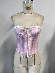 Women's Sweet Pink Gingham Corset Top with Lace Trim
