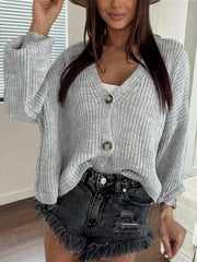 Women's Gray Ribbed Knit Henley Top with Button Placket
