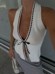 Women's White Halter Neck Knitted Top with Tie Detail, Chic Casual Sleeveless Vest for Summer & Daily Wear
